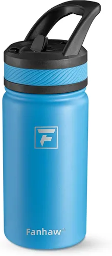 Vista 22 de Fanhaw Botella de agua aislada para niños de 14 onzas con tapa de pajita – Acero inoxidable de doble pared al vacío, a prueba de fugas, botellas