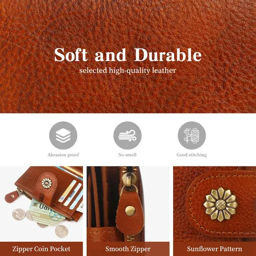 Vista 6 de Cartera de cuero con doble pliegue para mujer, bloqueo RFID, tarjetero compacto, cartera pequeña con ventana para identificación extraíble, A1