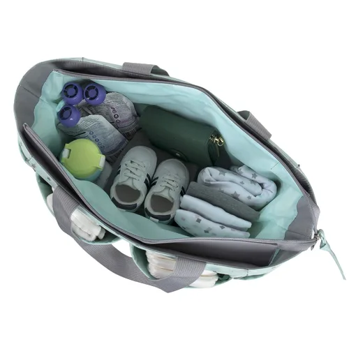 Vista 4 de Baby Essentials Juego de 5 bolsas para pañales con sol, luna y estrellas, bolsillo para toallitas, bolsa para pañales sucios, cambiador Gris/ agua