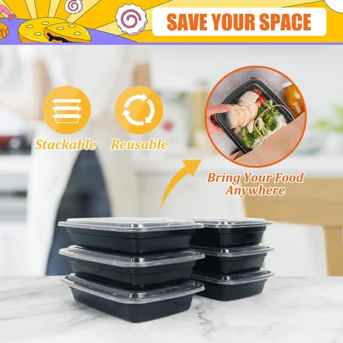 Vista 3 de Teivio Paquete de 20 recipientes de plástico reutilizables para preparación de comidas, 1 compartimento con tapas, contenedores de plástico Bento
