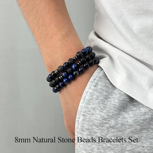 Vista 2 de SAMOCO 12 piezas de pulseras de ojo de tigre para hombres, piedra natural, cuentas de 8 mm, juego de pulseras elásticas ajustables de roca de lava