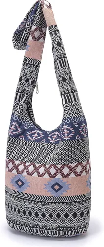 Vista 49 de Bolsa de hombro para mujer, de lona en estilo hippie/bohemio para llevar cruzada al hombro, disponible en diferentes colores y estampados