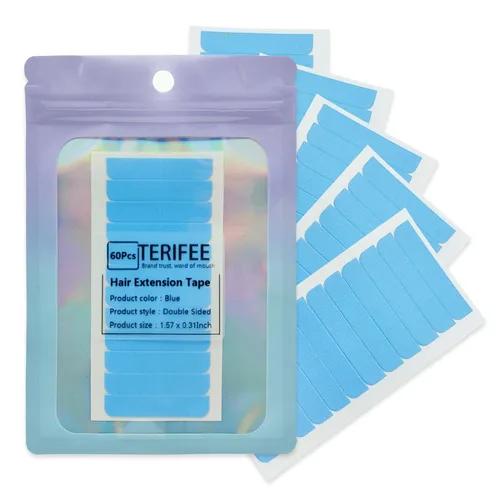 Vista 9 de 120 cintas de extensión de cabello de doble cara, cinta azul de repuesto de cabello humano de 0.31 x 1.57 pulgadas para extensiones de cabello