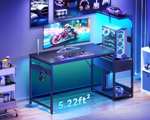 Vista 4 de Casaottima - Escritorio para juegos de 48 pulgadas con luces LED y soporte Negro fibra de carbono