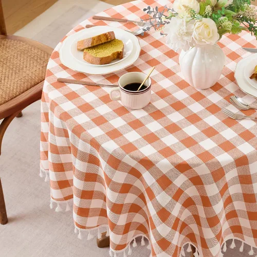 Vista 25 de JIALE - Mantel cuadrado de lino de algodón de cuadros Gingham con borlas, lavable, sin arrugas, mantel a cuadros de búfalo para fiesta al aire Beige