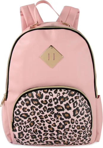 Vista 6 de Emma & Chloe Mochilas de vinilo impermeables para viajar y viajar al trabajo, Pink Leopard, Mochila casual