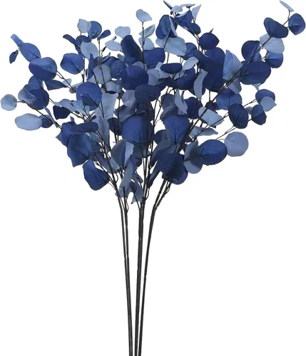 Vista 9 de 3 piezas de hojas de eucalipto artificiales de tacto suave de 31.5 pulgadas, tallos de vegetación de dólar de plata falsos para el hogar, boda Azul