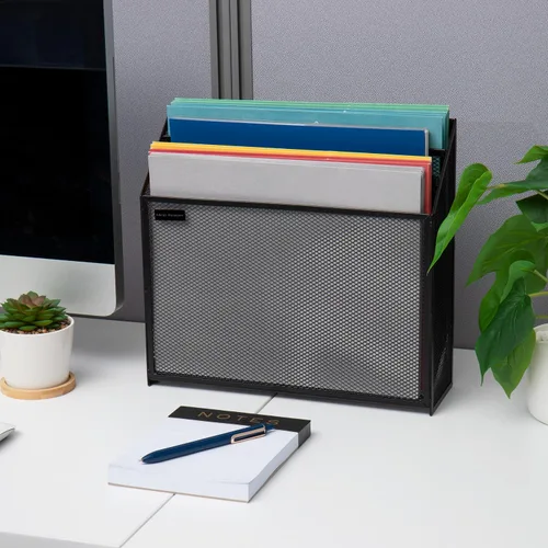 Vista 6 de Mind Reader Organizador de archivos de malla metálica, negro, 3 niveles, escritorio, estilo moderno, paquete de 4