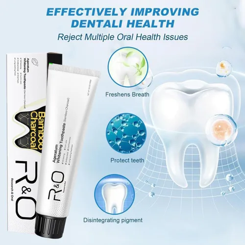 Vista 2 de R&O Ageratum Pasta dental blanqueadora con carbón de bambú, 3.53 onzas, elimina manchas difíciles, ideal para blanquear los dientes, reduce