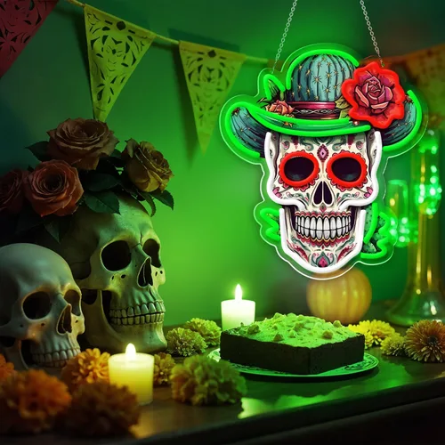 Vista 5 de Letrero de neón del Día de los Muertos, luz de neón LED de calavera de azúcar mexicana para decoración del hogar y bar, arte impreso UV con tira LED