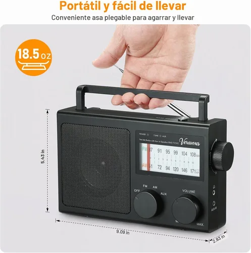 Vista 5 de Radio AM/FM portátil con control de graves AC y batería Negro