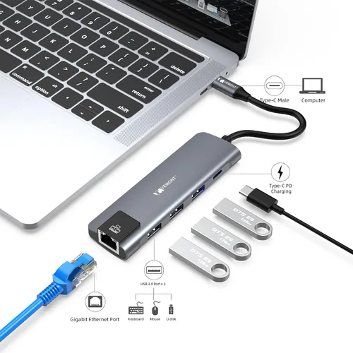 Vista 2 de VEMONT Adaptador multipuerto USB C 5 en 1, Gigabit Ethernet, 3 puertos USB 3.0, estación de acoplamiento de carga PD de 100 W compatible con MacBook