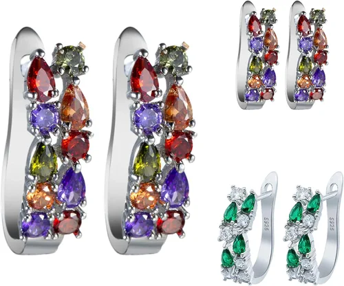 Vista 2 de Pendientes de aro para mujer, de lujo, esmeralda sintética, multicolor, circonita cúbica, para mujeres, adolescentes, niñas, cumpleaños, Navidad