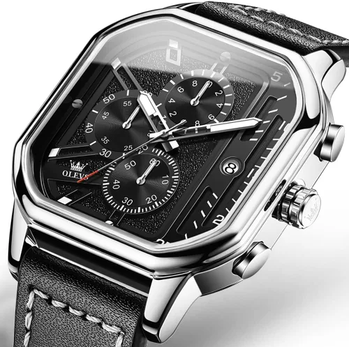 Vista 7 de OLEVS Chronograph Watch for Men, Men Leather Watch Big Face, Waterproof Men's Quartz Watch with Date, BlackWhiteGoldBlue Dial