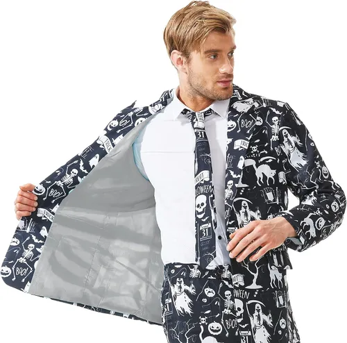 Vista 4 de Traje de Halloween para hombre, disfraz de fiesta para adultos, con diferentes estampados, 3 piezas, chaqueta fea y divertida para hombre, traje