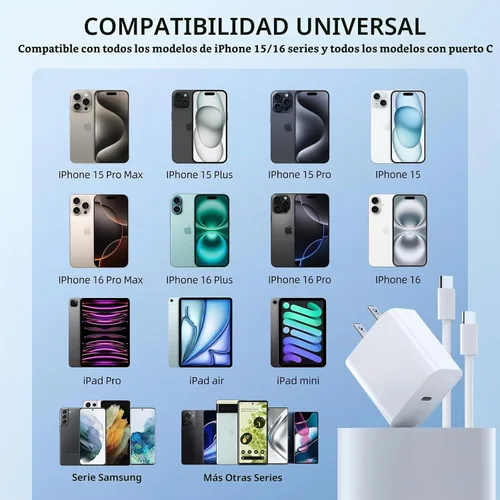 Vista 3 de Cargador de carga rápida para iPhone 17 16 15, paquete de 2 cables tejidos USB C de 10 pies de largo con bloque de carga rápida USBC de 20 W
