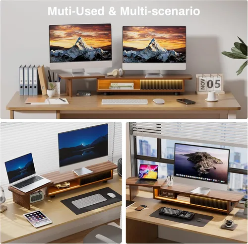 Vista 8 de Artswish - Soporte elevador para monitor con estación de carga y luz RGB, soporte ajustable de doble monitor para escritorio, estante de escritorio