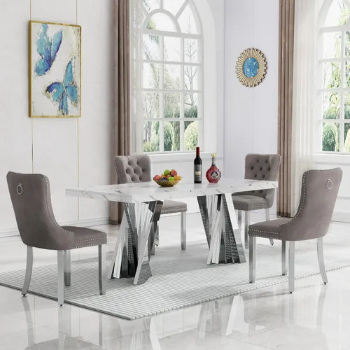 Vista 33 de HomVent - Juego de mesa de comedor de mármol sintético de 68 pulgadas con 4 sillas de terciopelo para cocina Modern Rectangular Faux Marble