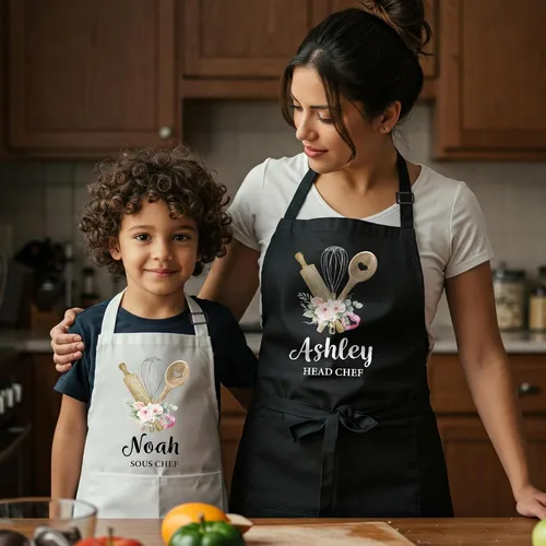 Vista 5 de Delantal Familiar Personalizado a juego con Nombres para Navidad, Regalo para Abuela, Delantales "Mamá y Yo" con Bolsillos, Delantales de Cocina