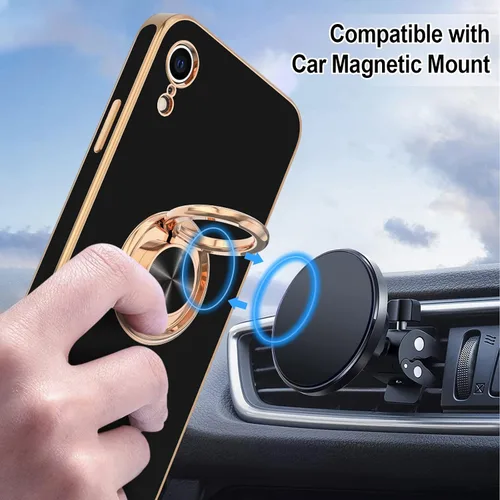 Vista 5 de Hython Funda para iPhone XR con soporte de anillo [soporte de anillo giratorio de 360° con soporte magnético] chapado en oro rosa brillante borde
