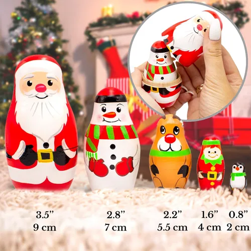 Vista 3 de AEVVV Muñecas de anidación rusas de Navidad, 5 piezas, muñeca rusa decoraciones de Navidad, Papá Noel, muñeco de nieve, ciervo, elfo, pingüino