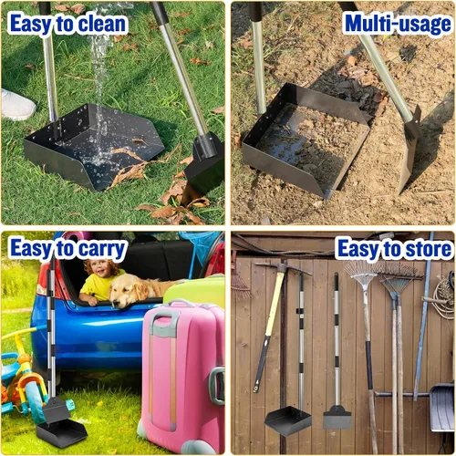 Vista 7 de Recogedor de excrementos de perro, rastrillo y pala de bandeja, paquete de 3 cucharas ajustables de mango largo de metal con cubo para eliminación