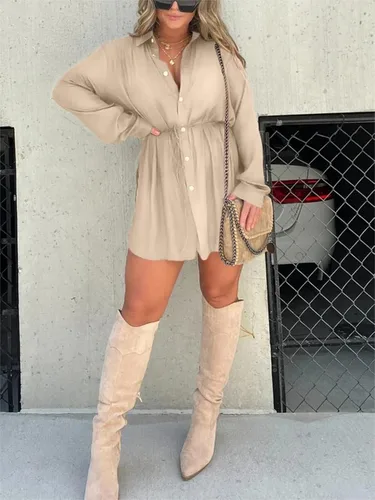 Vista 6 de WEJDYKG Nuevo conjunto de vestido de satén de otoño, vestido de satén de manga larga para mujer, mini vestido camisero de manga larga
