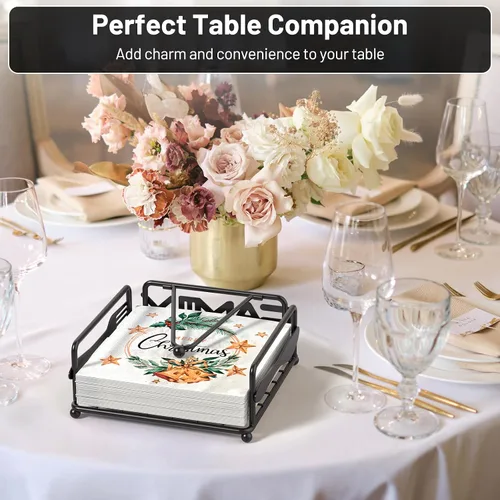 Vista 2 de Servilletero para mesa, dispensador de servilletas plano con brazo pesado, soporte cuadrado de papel de cóctel de elegante hierro rústico