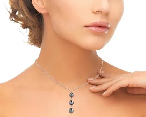 Vista 2 de 9mm Tahitian sur Mar Triple gota perla cultivada collar con colgante en oro de 14K