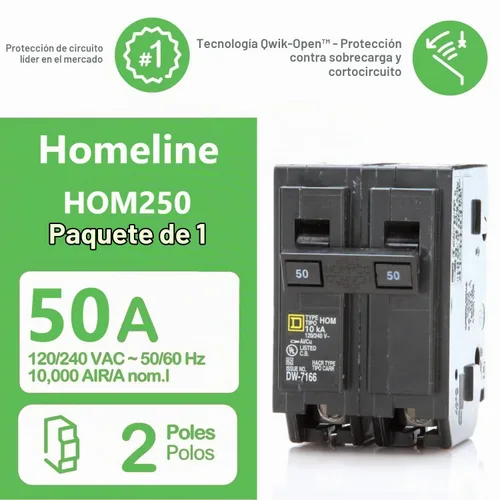Vista 2 de Kit de disyuntor de doble polo cuadrado D HOM250 de 50