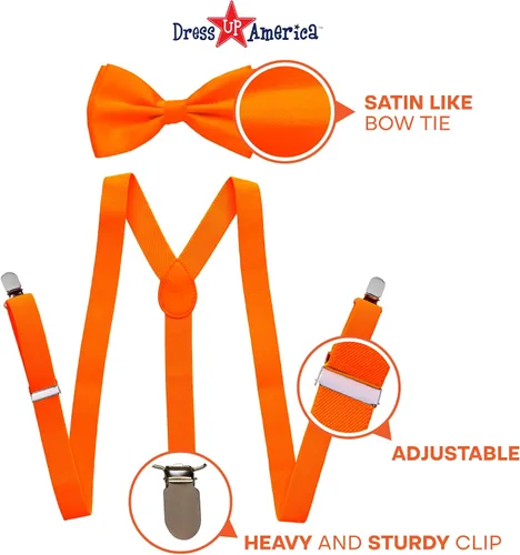 Vista 3 de Dress Up America Tirante de neón, corbatín, lentes de sol, juego de accesorios, tirantes de tamaño adulto y niño