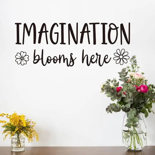 Vista 2 de Imagination Blooms Here - Calcomanía de pared de vinilo inspiradora para pared de niños, decoración de aula