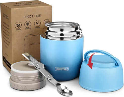 Vista 7 de JOOPETALK Recipientes de almuerzo aislados de 17 onzas, color negro, lonchera térmica de acero inoxidable al vacío con asa y cuchara plegable