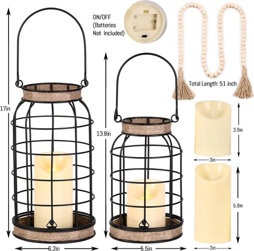 Vista 10 de Farol de vela rústico de granja, 2 faroles decorativos con velas