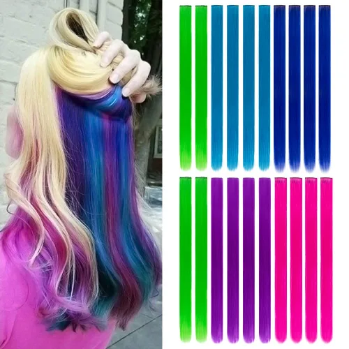 Vista 10 de 20 extensiones de cabello con clip de colores para niñas, extensiones de cabello arcoíris multicolor de 20 pulgadas, reflejos instantáneos, piezas