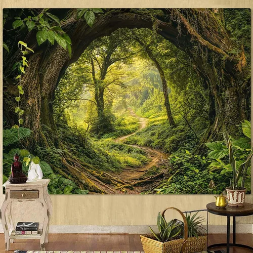 Vista 10 de Kanuyee Tapiz de bosque verde, tapiz de paisaje para pared, tapices de naturaleza para techo y pared, colgante para dormitorio, sala de estar