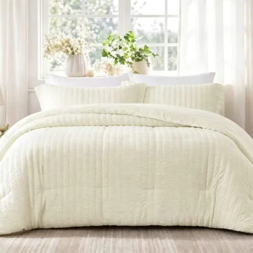 Vista 17 de Quataly - Juego de edredón Seersucker tamaño Twin/Twin XL en color blanco; juego de cama de 2 piezas que incluye 1 edredón suave y esponjoso y 1