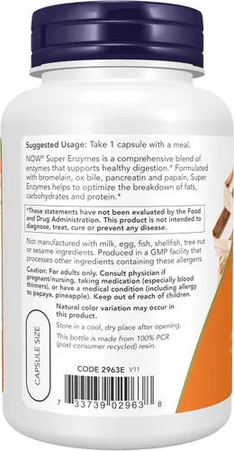 Vista 3 de Suplementos NOW, Super Enzymes, Formulado con Bromelina, Bilis de Buey, Pancreatina y Papaína, Super Enzymes, 90 Cápsulas