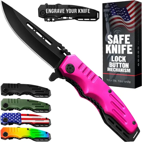 Vista 16 de Navaja de bolsillo con bloqueo de seguridad - Hoja afilada de 3.4 pulgadas - Cuchillo táctico plegable con mango de aluminio - Herramienta ideal