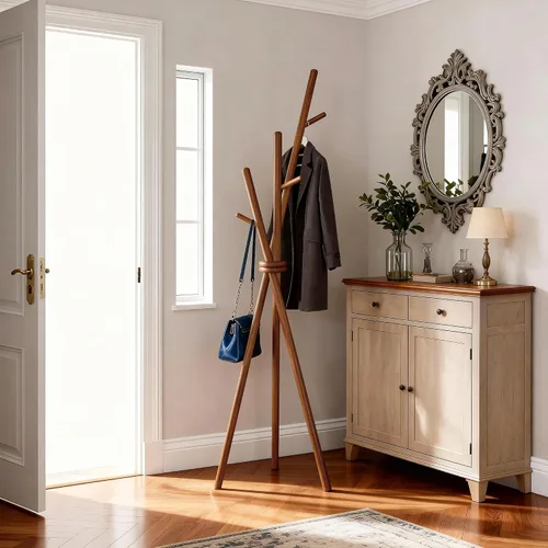 Vista 2 de VICITON Perchero de madera, trípode independiente con 3 ganchos para ropa, sombreros y bolsos, perchero para dormitorio, sala de estar, entrada