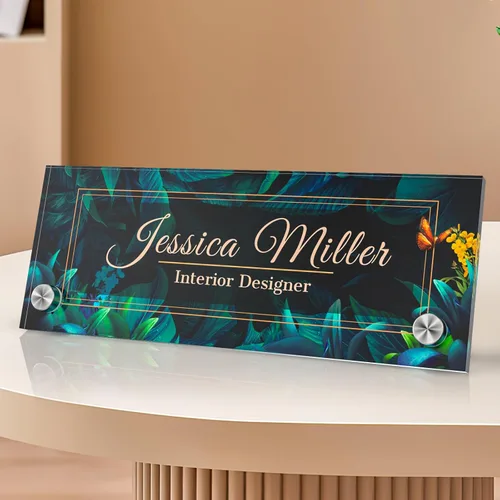 Vista 82 de Placa de identificación personalizada para escritorio, decoración de oficina de acrílico transparente con diseño de flores, decoraciones
