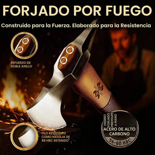 Vista 2 de Grumpy Bear Hacha de campamento de 15 pulgadas, hacha de supervivencia con funda, acero de alto carbono y mango de madera, agarre antideslizante