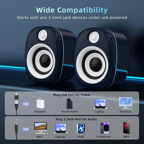 Vista 3 de Altavoces USB, altavoces de computadora para PC de escritorio, altavoces de juegos de escritorio, altavoces de computadora pequeños, altavoz