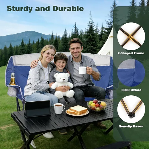 Vista 6 de SUNNYFEEL Silla de Campamento Doble con Calefacción, Silla Loveseat Plegable de Gran Tamaño, Silla de Jardín Portátil/Plegable de Servicio Pesado