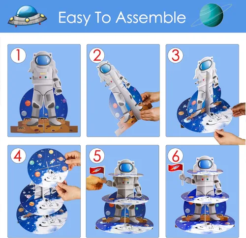 Vista 2 de Soporte de astronauta espacial para cupcakes, decoración de fiesta de cumpleaños con temática espacial, 3 niveles, soporte de cartón para cupcakes
