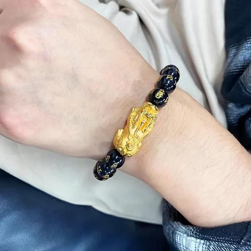 Vista 3 de Pulsera Feng Shui Pixiu de riqueza y suerte, pulseras Pi Xiu de buena suerte, pulsera de obsidiana negra Fengshui para hombres y mujeres, puede