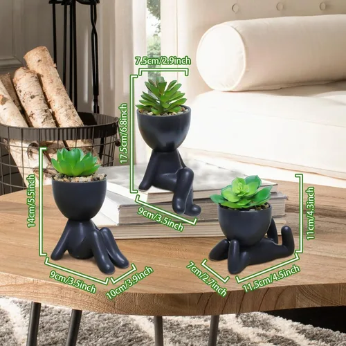 Vista 9 de Zerzsy 3 plantas suculentas artificiales con macetas creativas de cerámica en forma de humano, mini plantas en maceta, plantas falsas de baño Negro