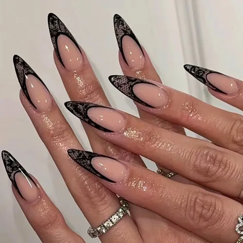 Vista 13 de MISUD Uñas a presión largas tipo Stiletto con pegamento de Rojo Gótico y Negro, diseño gótico cruzado acrílico, 24 piezas 02301Negro y Rojo