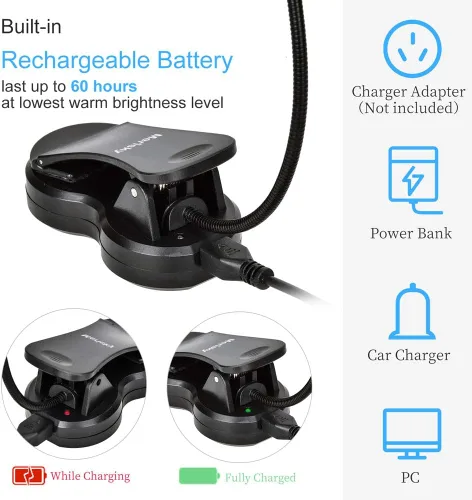 Vista 3 de Luz de libro recargable: luz LED de libro con clip para leer en la cama, ajustable de 3 colores y 3 brillos - Lámpara de lectura para el cuidado