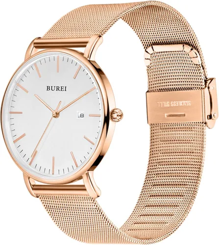 Vista 2 de BUREI Relojes de pulsera para hombre, a la moda, minimalista, analógico, de malla de cuarzo, impermeables, relojes para hombres